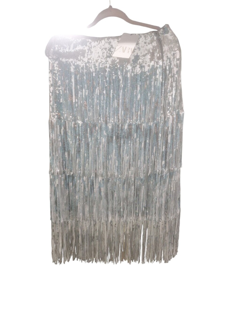 Zara Silver Sequin Fringe Mini Skirt Sz L
